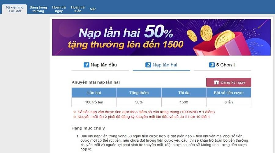 Khuyến mại Thabet 50% lần nạp tiền thứ hai